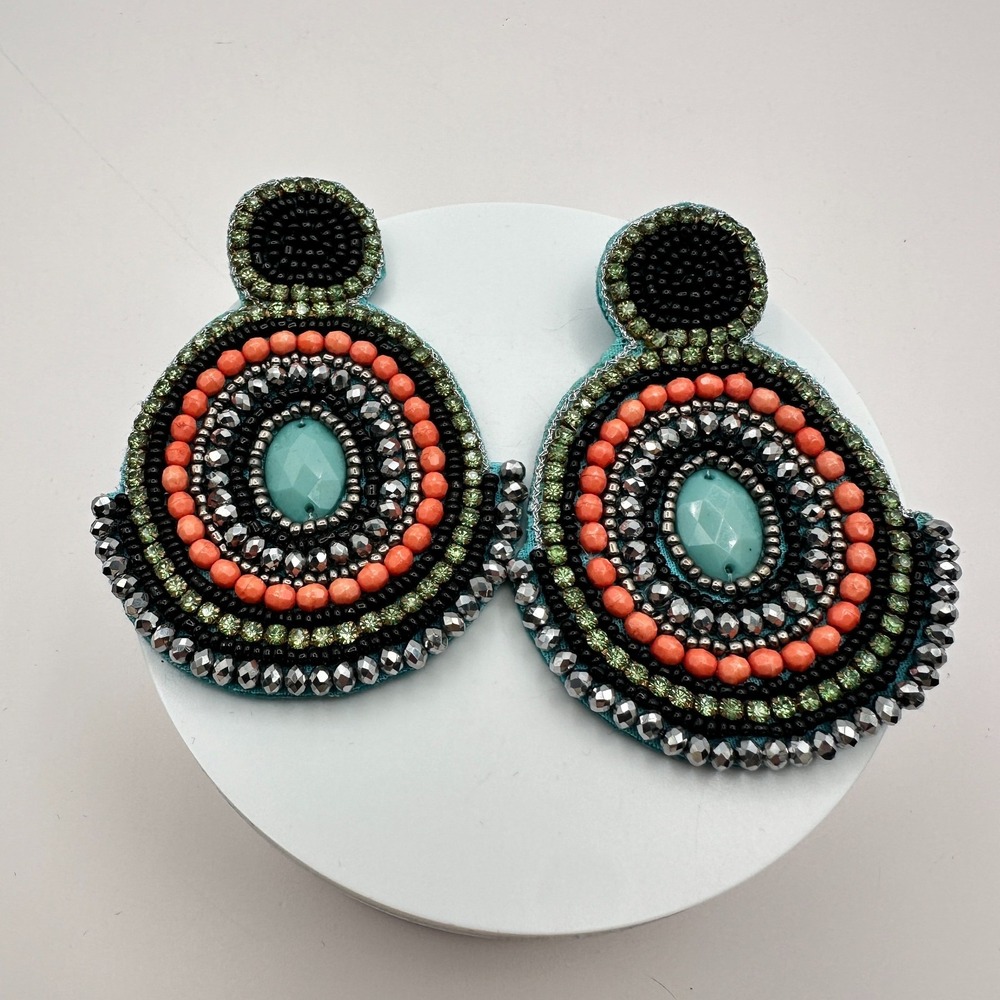 Vintage 90s Polycrome Seed Beaded Green Rhinestone Earrings Women's Jewelry